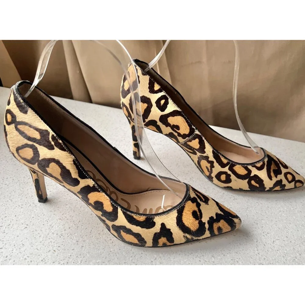 Sam Edelman Pumps Sz 6 Leather & Fabric Uppers Leopard Pointed Toe  3” Heels - Picture 2 of 11